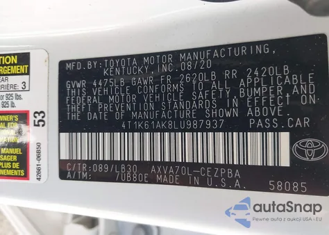 2020 Toyota Camry Xse from USA, damaged, VIN 4T1K61AK8LU987937